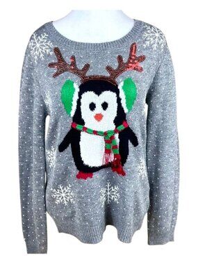 Penguin Christmas Sweater Gray Multi Sequins (L)